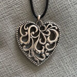 Heart Necklace Pendant Silver Tone Filgree black cord Extender valentine love